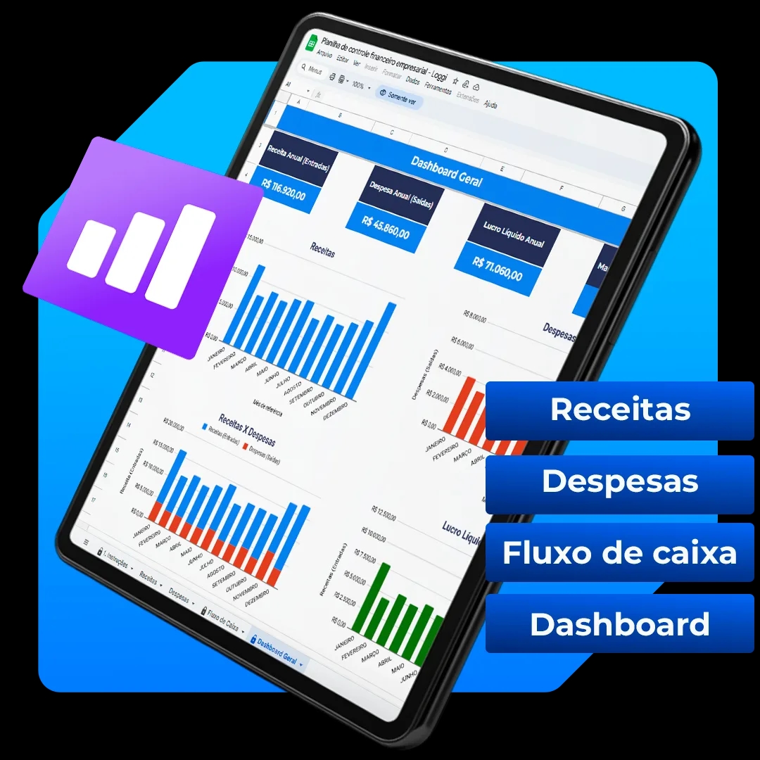 Tablet exibindo a Planilha de controle financeiro empresarial